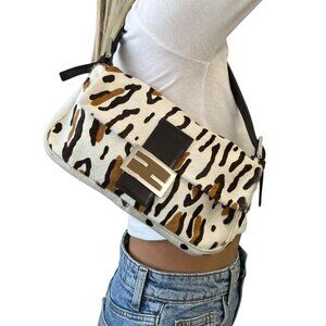 FENDI Vintage FF Leopard Mamma Baguette Shoulder Bag Pony Calf Hair [106318]